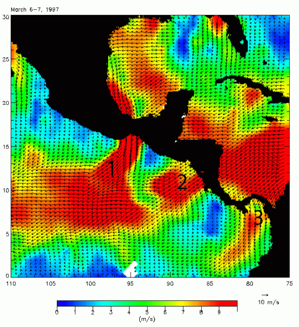 1 = Tehuantepec 2 = Papagayo 3 = Golfo de Panama