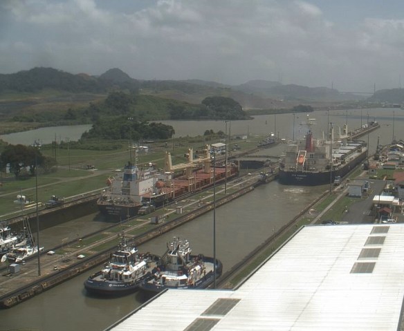 Aerial view of Neko in the locks.  See how the cargo ship dwarfs Neko. (Thanks Angie for the photo) 