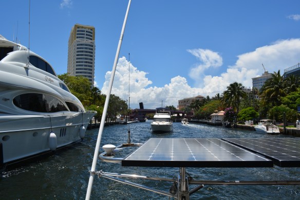 A different experience going up the narrow New River.  A tight squeeze sometimes, but fun sailing right through downtown.