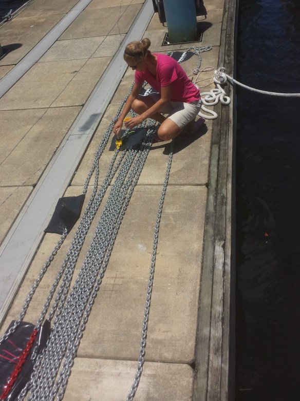 Mary painting anchor chain.  Each color marks 25'